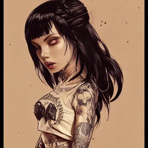 Image similar to french bar maid, tattoos, black t - shirt, black skirt, detailed portrait, intricate complexity, by greg rutkowski, artgerm, ross tran, conrad roset, takato yomamoto, ilya kuvshinov. 4 k, beautiful, cinematic dramatic atmosphere