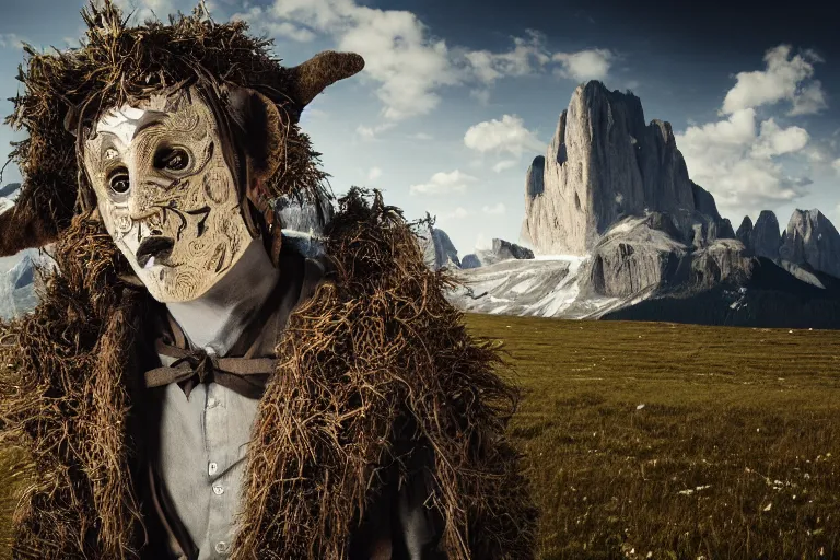 Prompt: portrait of a tyrolean folklore mask, dark, eerie , wearing hay coat, with horns, eerie, flowers growing out of his body, dolomites in the background, detailed intricate insanely detailed octane render, 8k artistic 1920s photography, photorealistic, chiaroscuro, by David Cronenberg, Raphael, Caravaggio