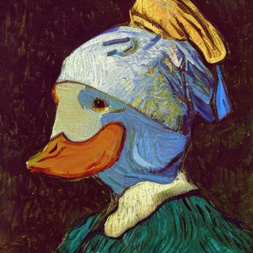 Image similar to A duck with a pearl earring, photorealistic, by Vincent van Gogh, 8k, trending on artstation