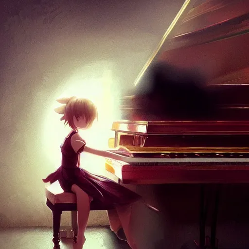 Image similar to anime girl Playing the Piano instrument , digital Art, Greg rutkowski, Trending cinematographic artstation