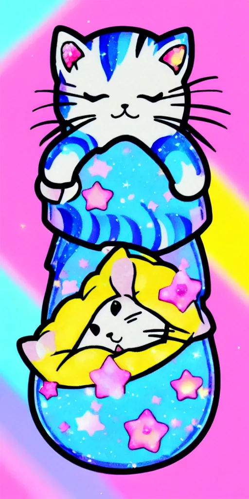 Image similar to a tiny cute kitten sleeping, puffy sticker, glitter sticker, kawaii by studio ghibli, by lisa frank 8 k pastel colours, isometric, smeared watercolours,