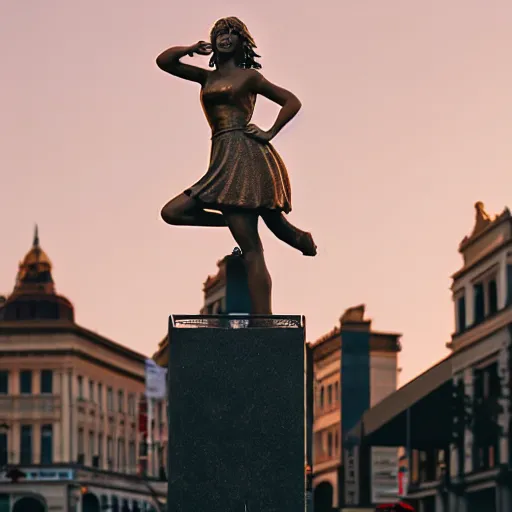 Image similar to a bronze sculpture of taylor swift in the middle of the town square with a pigeon standing on top of it, golden hour, street photography