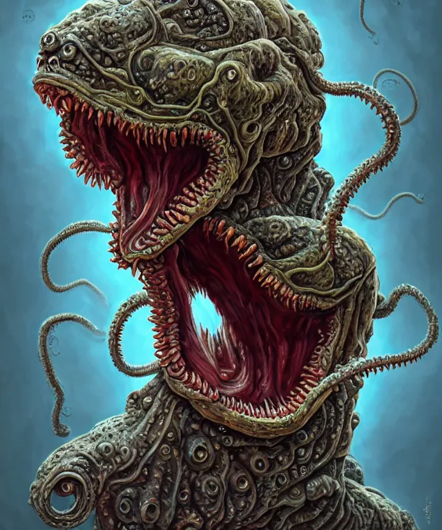 Image similar to hziulquoigmnzhah, large mouth with teeth, head dangling underneath body!!!!, spherical body, elongated arms, short legs, lovecraftian horror!, surrealism, fantasy, intricate, elegant, highly detailed, digital painting, artstation, concept art, matte, sharp focus, illustration, art by keith thompson and christopher lane