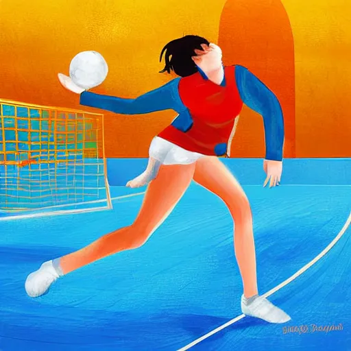 Prompt: one young woman playing handball in an arena, digital art, epic lighting