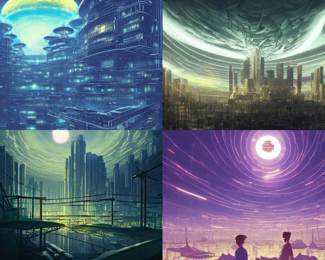 Prompt: Floating solarpunk city in a lunar cloudy vortex of light, by makoto shinkai and alena aenamia nd dan mumford