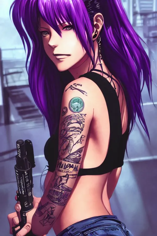 Prompt: revy black lagoon, purple hair, black tank top, jean shorts, tribal tattoos right arm, portrait shinkai makoto studio ghibli studio key hideaki anno sakimichan stanley artgerm lau rossdraws james jean marc simonetti elegant highly detailed digital painting artstation pixiv