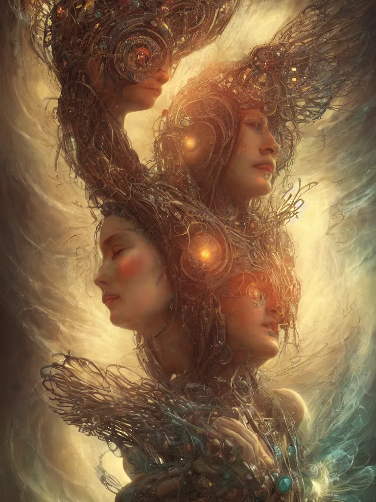 Image similar to an ancient mystical alluring female shaman generating flowing energy and surrounded by wisps of incense smoke sits meditating in a magical cybernetic robot temple, face face face, by karol bak, 3 d, cinema 4 d render, trending on artstation