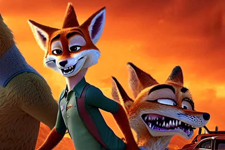 Image similar to nick wilde ( from zootopia ), heavily armed and armored facing down armageddon in a dark and gritty reboot from the makers of mad max : fury road