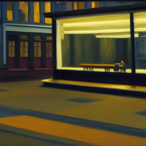 Image similar to a moody city painting at night in the style of Edward Hopper, 4k,