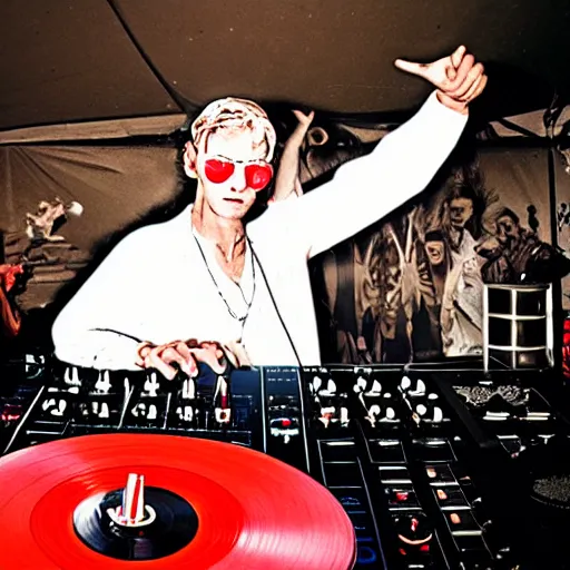 Prompt: satan dj with hand on record spinning