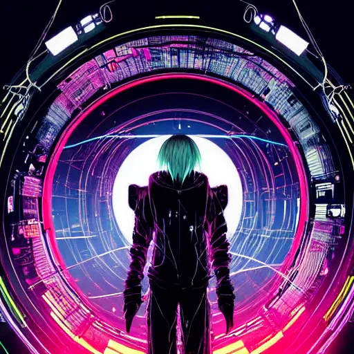 Image similar to Perfect circle portal leading to a vast neon cyberpunk Tokyo in style of Tsutomu Nihei. Cyberpunk, vertical symmetry, 8K, Highly Detailed, Intricate, Vivid.