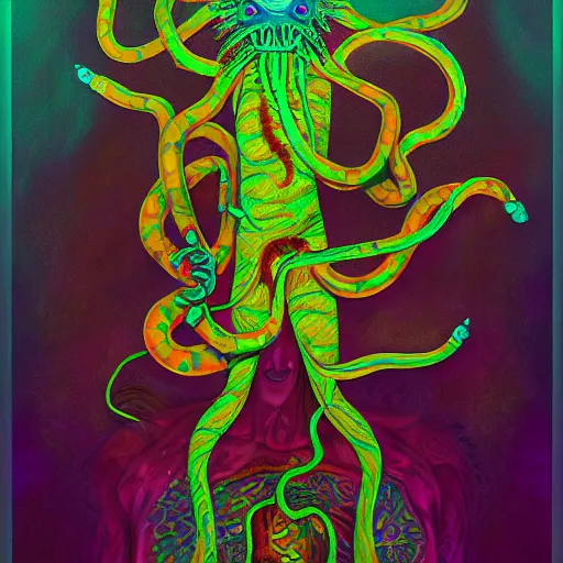 Image similar to a painting of a psychedelic shaman with snakes coming out of his mouth, a surrealist painting, polycount, behance, surrealism, surrealist, lovecraftian, cosmic horror, grotesque