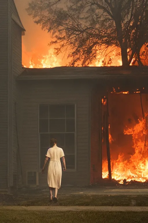 Image similar to Gregory Crewdson full color Photography, A woman walks calmly while her house is on fire