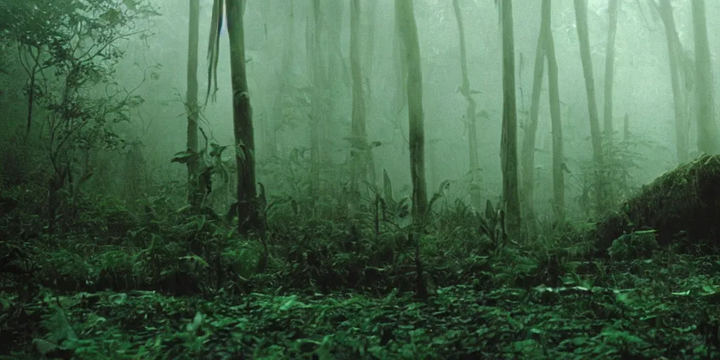 Image similar to film still of a dark research outpost in a moist foggy jungle, science fiction, ridley scott, lights through fog, futuristic outpost building, wet lush jungle landscape, dark sci - fi, 1 9 8 0 s, ridley scott