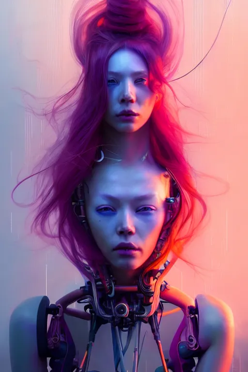 Image similar to a half body image of a beautiful young 28th century super cool post-human female wiht long colorful hair, barely human and largely biomechanical machine, hyper-realistic cyberpunk style, Peter Mohrbacher Takayuki Takeya moody, face by Yanjun Cheng, Irakli Nadar, dramatic cinematic lighting rendered by octane, 8k, detailed, intricate, clean and textures, trending on artstation, deviantart google images, pinterest