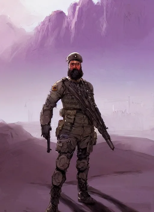 Image similar to purple scene lighting, detailed character portrait concept art, white male, strong muscular mature, soldier with beard, short hair, in a soldier uniform, desert with city in the background, sharp focus, illustration, highly detailed, digital painting, concept art, matte, art by wlop and artgerm and greg rutkowski, masterpiece