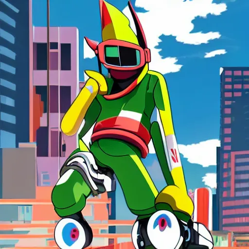 Image similar to the mayo man, angular sharp pointy humanoid blob of mayonnaise, angry eyes, shaded out eyes, 2 0 0 1 anime, flcl, jet set radio future, golden hour, japanese town, concentrated buildings, japanese neighborhood, construction site, cel - shaded, strong shadows, vivid hues, y 2 k aesthetic