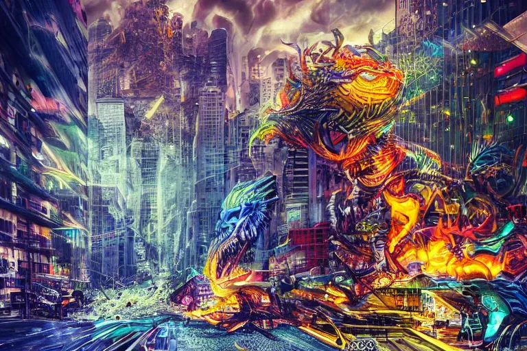 Prompt: destructive monster in the city, photorealistic, highly detailed, sharp focus, vivid, colorful, symmetrical, random, convoluted, mind - blowing, creative, fully functional, end of the world, physics defying, amazing, cool