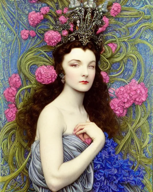 Image similar to in the style of beautiful vivien leigh, blue frilly gown and crown with flowers and gems, detailed and intricate by jean delville, gustave dore and marco mazzoni, colorful art nouveau, symbolist, visionary, gothic, pre - raphaelite