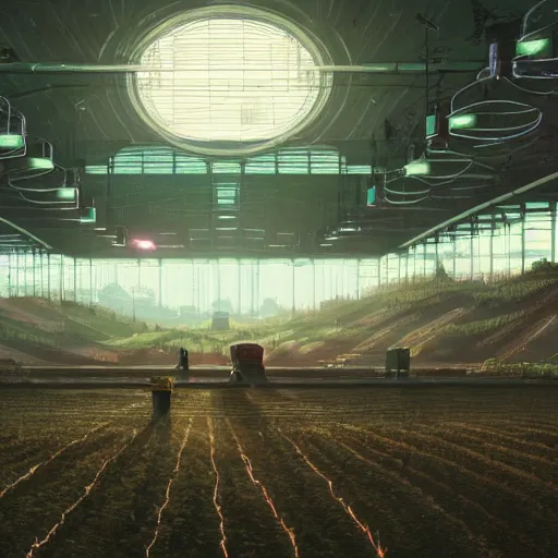 Prompt: a farm inside of a stadium, Simon Stalenhag, Wadim Kashin, solarpunk, 4K, cinematic