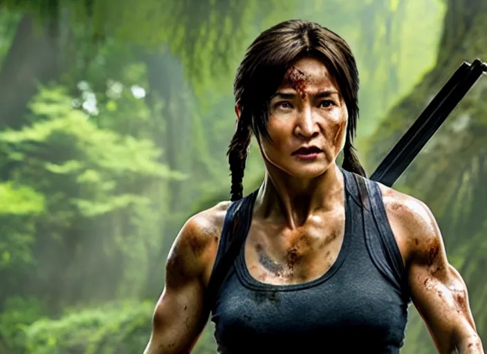 Image similar to film still of!!!! jackie chan jackie chan jackie chan!!! as lara croft in new tomb raider movie, 8 k