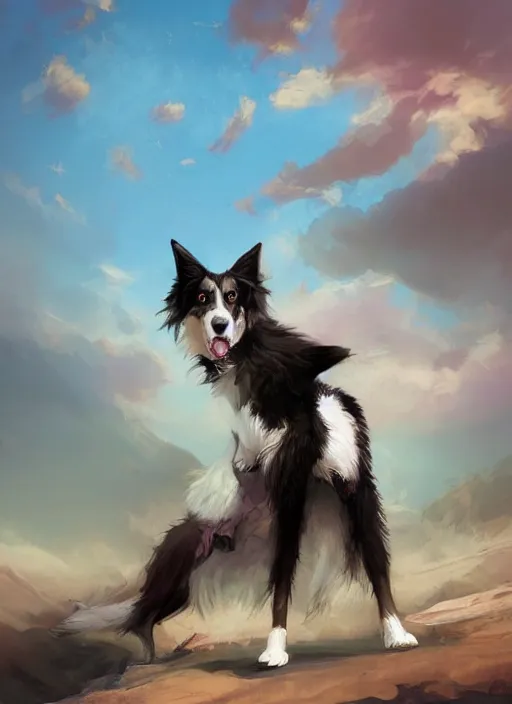 Prompt: beautiful wide angle full body portrait of a cute male anthropomorphic anthro border collie fursona in a desert, character design by charlie bowater, henry asencio, and ross tran, scenic background, detailed, glamor pose, aesthetic, furry, trending on artstation, furaffinity, deviantart