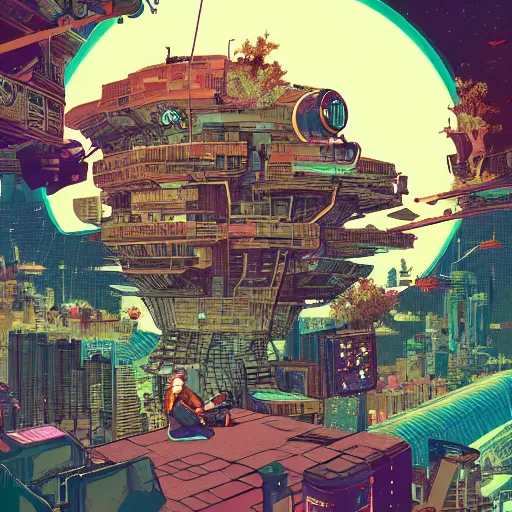 Image similar to cyberpunk explorer playing video games in his treehouse, highly detailed, 4k, midnight, by Victo Ngai and James Gilleard , Moebius, Laurie Greasley