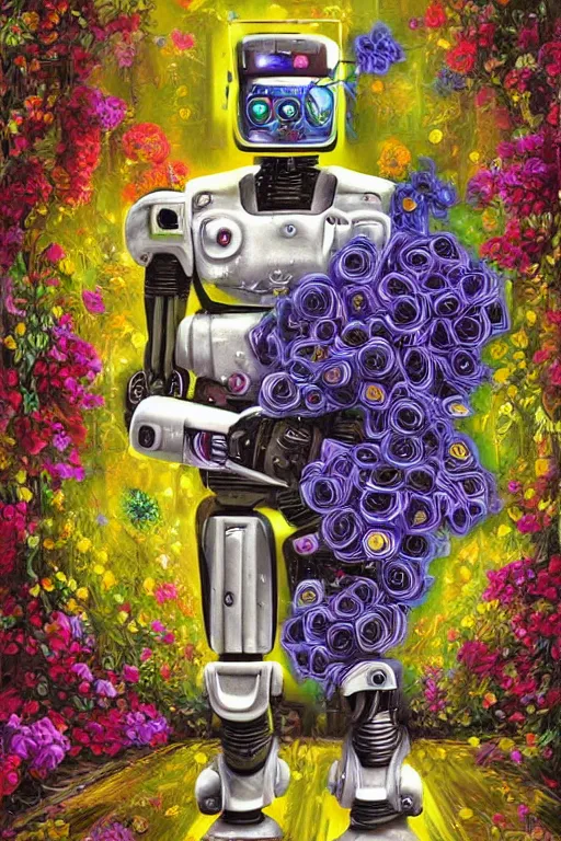 Image similar to a digital painting of a robot with flowers, cyberpunk art by Vladimir Tretchikoff, cgsociety, panfuturism, made of flowers, oil on canvase, dystopian art, vaporwave