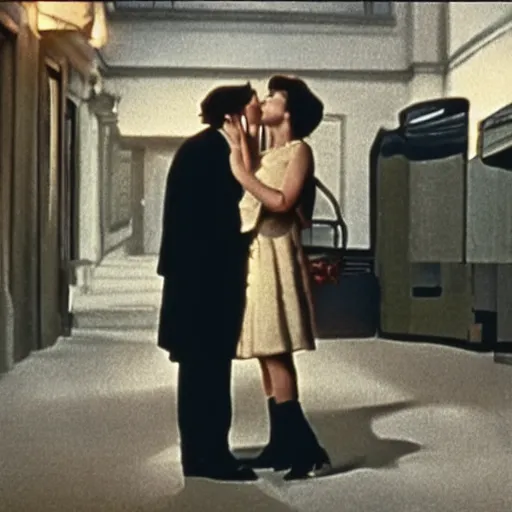 Prompt: Film still of passionate Hollywood kiss between two lovers in the style of Alfred Hitchcock's Vertigo, photorealism, cinematic