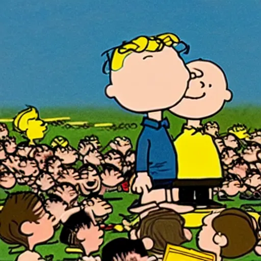 Prompt: Charlie Brown performing at Woodstock 1999, photograph, award winner, hyperrealistic