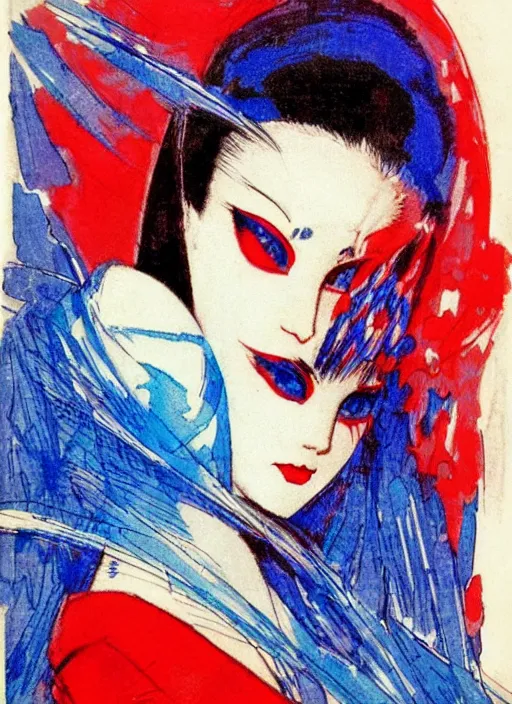 Prompt: portrait of mighty korean vampiress, jeweled veil, blue and red, strong line, saturated color, beautiful! coherent! by frank frazetta, high contrast, minimalism