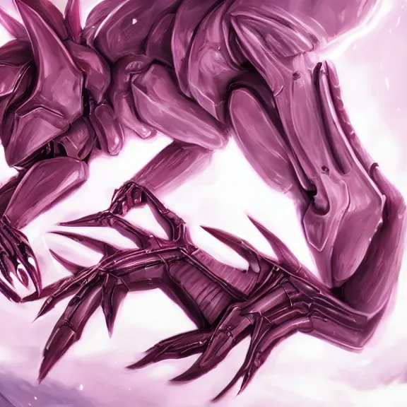 Image similar to very close up foot pov shot, hyperdetailed elegant beautiful stunning anthropomorphic mecha female dragon, laying elegantly, showing detailed dragon paws to camera, sharp claws close up, soft pads, sharp silver armor, fuchsia skin, anthro dragon art, warframe destiny fanart, furry paws furry, furaffinity, deviantart, octane, ekasportal