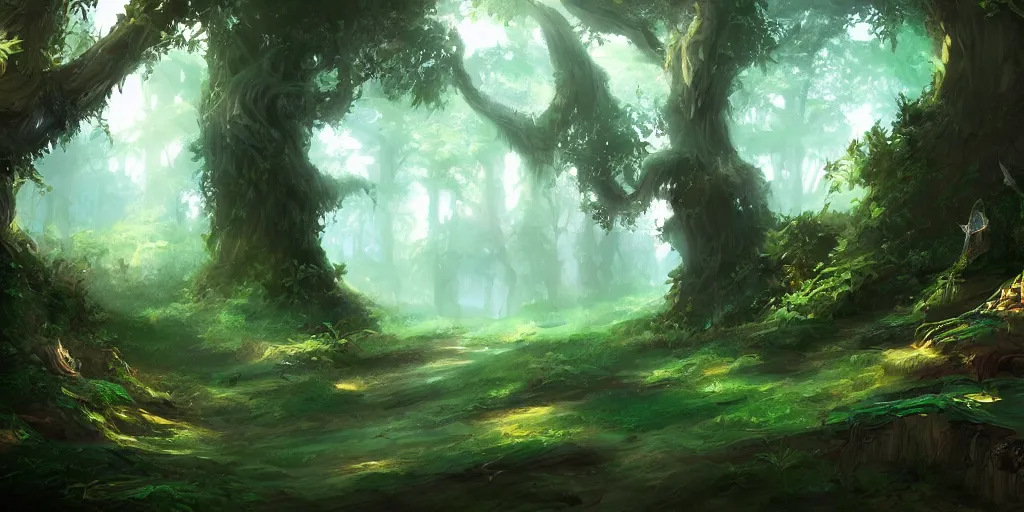 Prompt: digital painting of a fantasy forest, artstation, wallpaper, hd