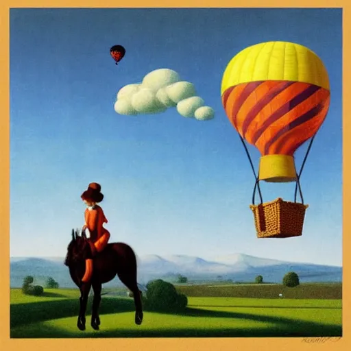 Image similar to a girl and her horse enjoy a hot-air balloon show by Raphael, Hopper, and Rene Magritte. detailed, romantic, enchanting, trending on artstation.