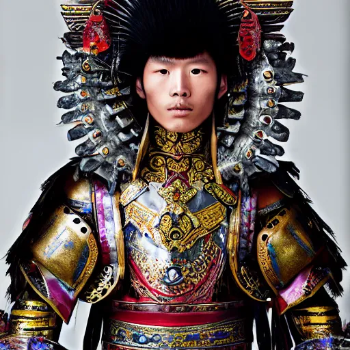 Image similar to a portrait of a beautiful young tibetan male wearing an alexander mcqueen armor , photographed by andrew thomas huang, artistic