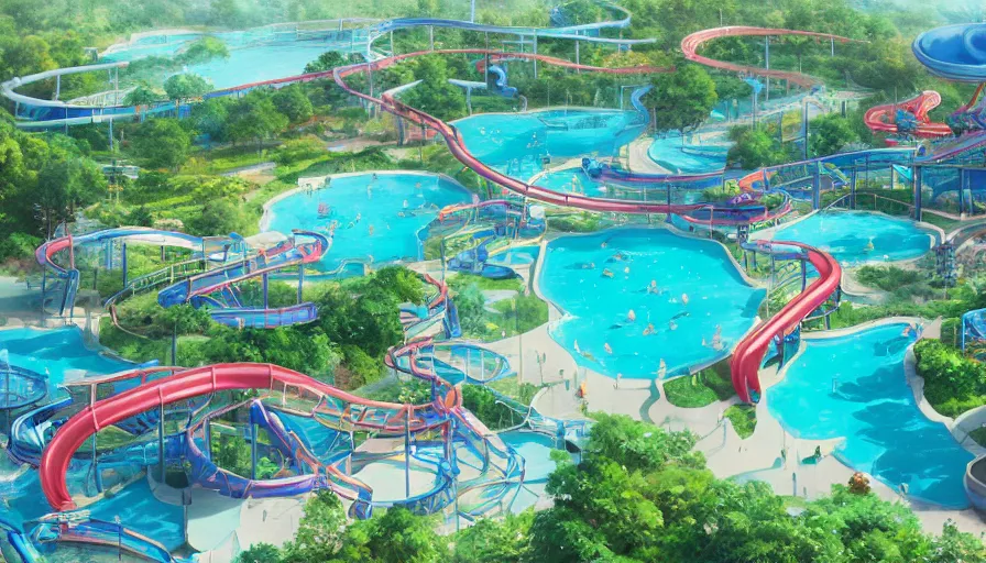 Prompt: A highly detailed matte painting of a huge empty water park with swimming pools, lazy rivers and water slides by Studio Ghibli, Makoto Shinkai, by Artgerm, by beeple, by Greg Rutkowski, volumetric lighting, octane render, 4K resolution, trending on artstation, masterpiece