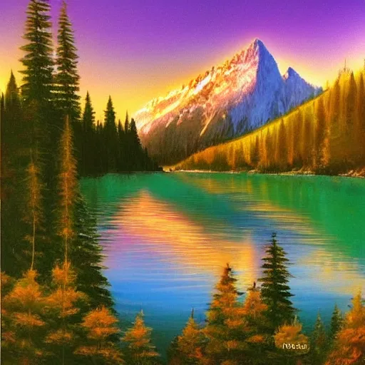 Prompt: ! dream lake in the alps at sunset painted by bob ross