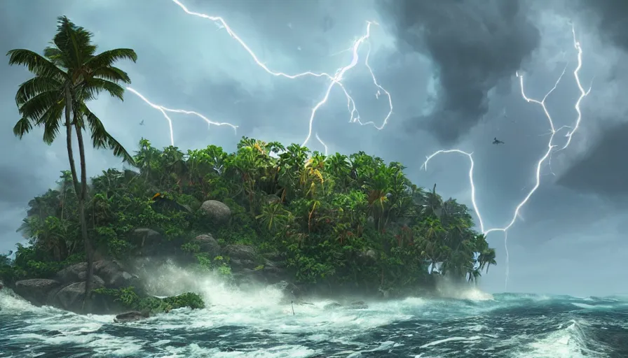 Prompt: Tropical island under the storm with lightning, hyperdetailed, artstation, cgsociety, 8k