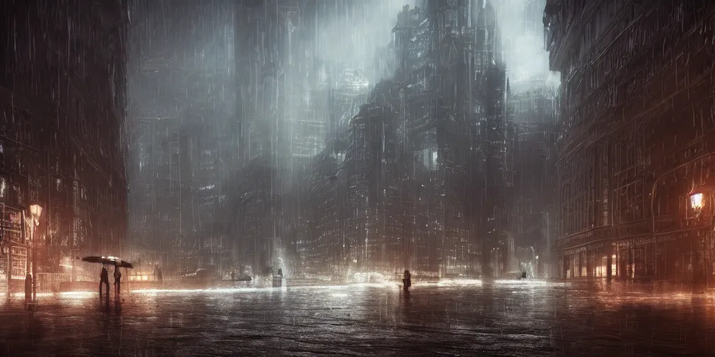 Image similar to a cold and melancholic city in a dark cavern, rainy and gloomy atmosphere, viewed from afar, fantasy digital art, octane render, beautiful composition, trending on artstation, award - winning photograph, masterpiece