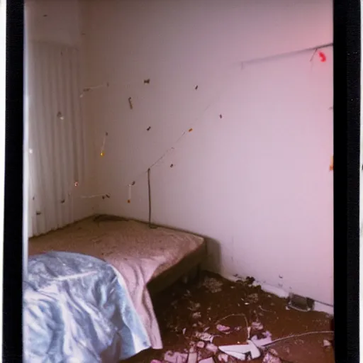 Image similar to a polaroid photo a of an abandoned and rather lonely college student's bedroom, completely empty, desolate and devoid atmosphere, faint string lights hung on the wall can be seen, shot with portra 400