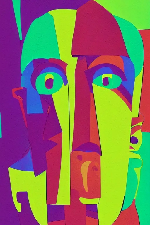 Image similar to cubist moai statue cutout digital illustration cartoon colorful beeple