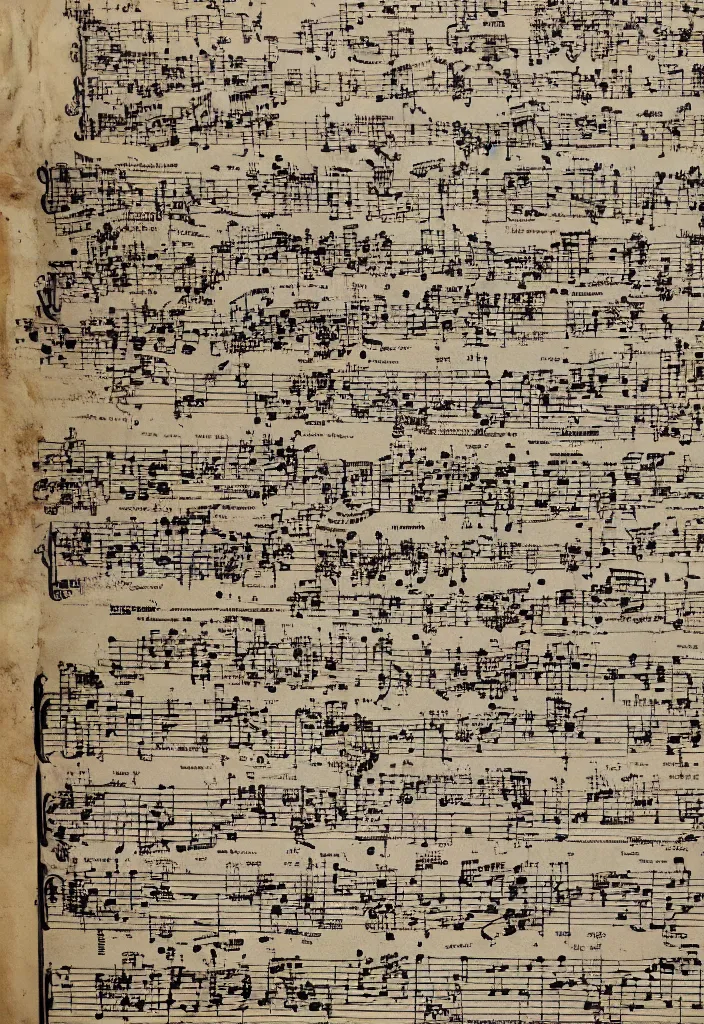 Prompt: haunted music sheets, hyper detailed, stained paper, clear calligraphic musical notes, horror,