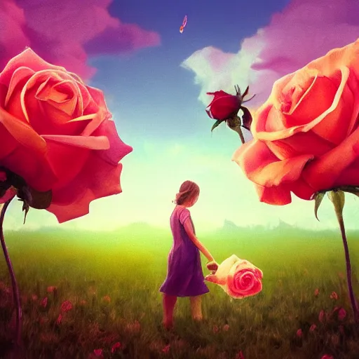 Prompt: large rose face, girl floating in a flower field, surreal photography, sunrise dramatic light, impressionist painting, colorful clouds, digital painting, artstation, simon stalenhag