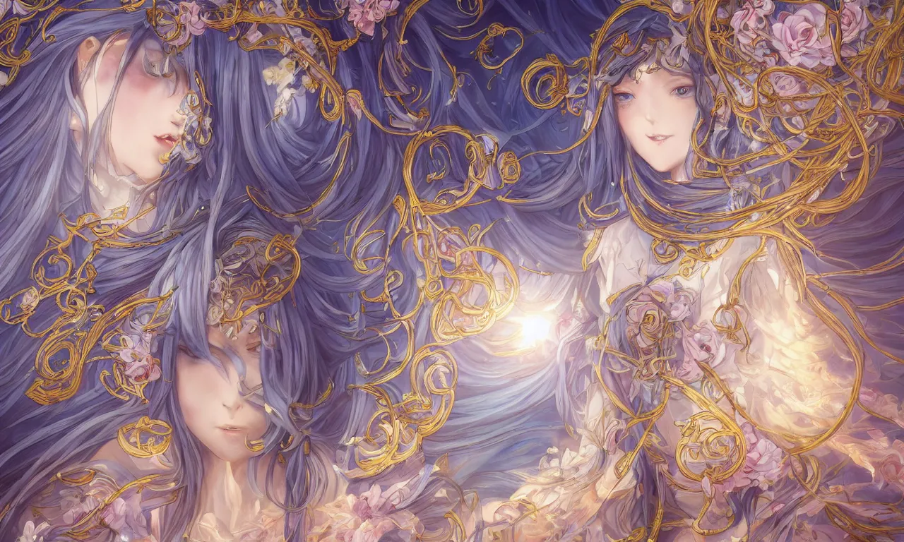 Image similar to breathtaking detailed anime painting of a knight queen with long flowing blue hair, pastel flowers petals and golden ribbons flying, art by pilyeon and yuumei art, symmetrical facial features, at dawn in front of a pristine golden art nouveau cathedral, elegant, volumetric lighting, highly detailed, artstation, concept art, matte, sharp focus,