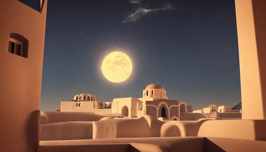 Image similar to 🌟🌜🎆, Art Deco, in SANTORINI island, starry night, Trending artstation, octane render, cgsociety, surrealist, cinematic, shadow of the tomb rider