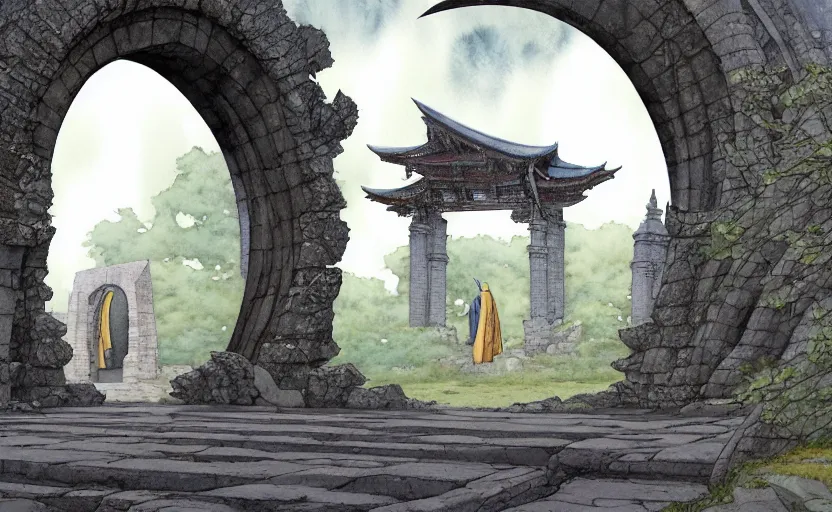 Prompt: a hyperrealist watercolour concept art of a dimensional time portal in the shape of a ruined arch. a medieval monk in grey robes is in the foreground. a japanese temple is in the background. very muted colors, post grunge, by rebecca guay, michael kaluta, charles vess and jean moebius giraud. high detail, hq, wide shot, 4 k