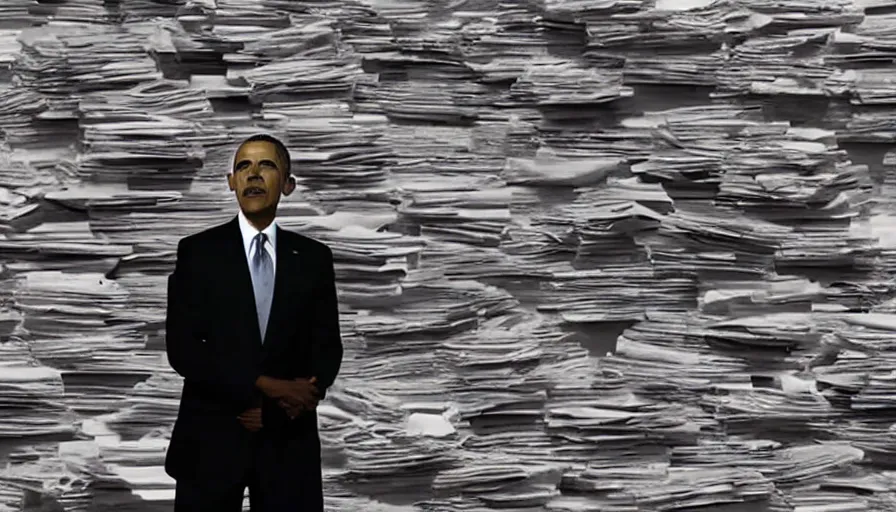 Prompt: cnn news footage taken from above. obama standing next to a mountain made of papers.