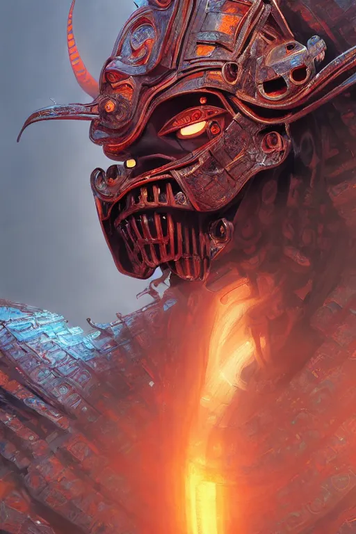 Prompt: robot - demon samurai mask, torso portrait, intricate, elegant, volumetric lighting, scenery, digital painting, highly detailed, artstation, sharp focus, illustration, concept art, luis rollo, ruan jia, steve mccurry, john berkey