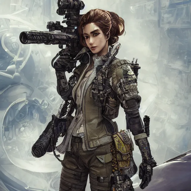 Image similar to the portrait of lawful neutral female futuristic infantry sniper as absurdly beautiful, gorgeous, elegant, young woman looking up, an ultrafine hyperdetailed illustration by kim jung gi, irakli nadar, intricate linework, bright colors, octopath traveler, final fantasy, unreal engine 5 highly rendered, global illumination, radiant light, detailed and intricate environment