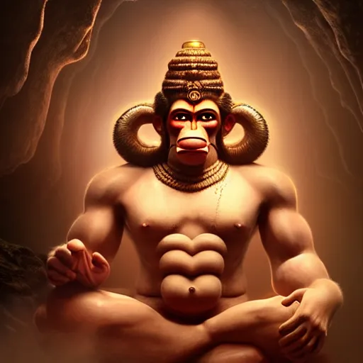 Image similar to photo realistic Hanuman meditating in caves of magical world, foggy ,muscular body,glowing effect, clean clear face,artstation, devianart, hyperreal, hyperdetailed, 8k,hd